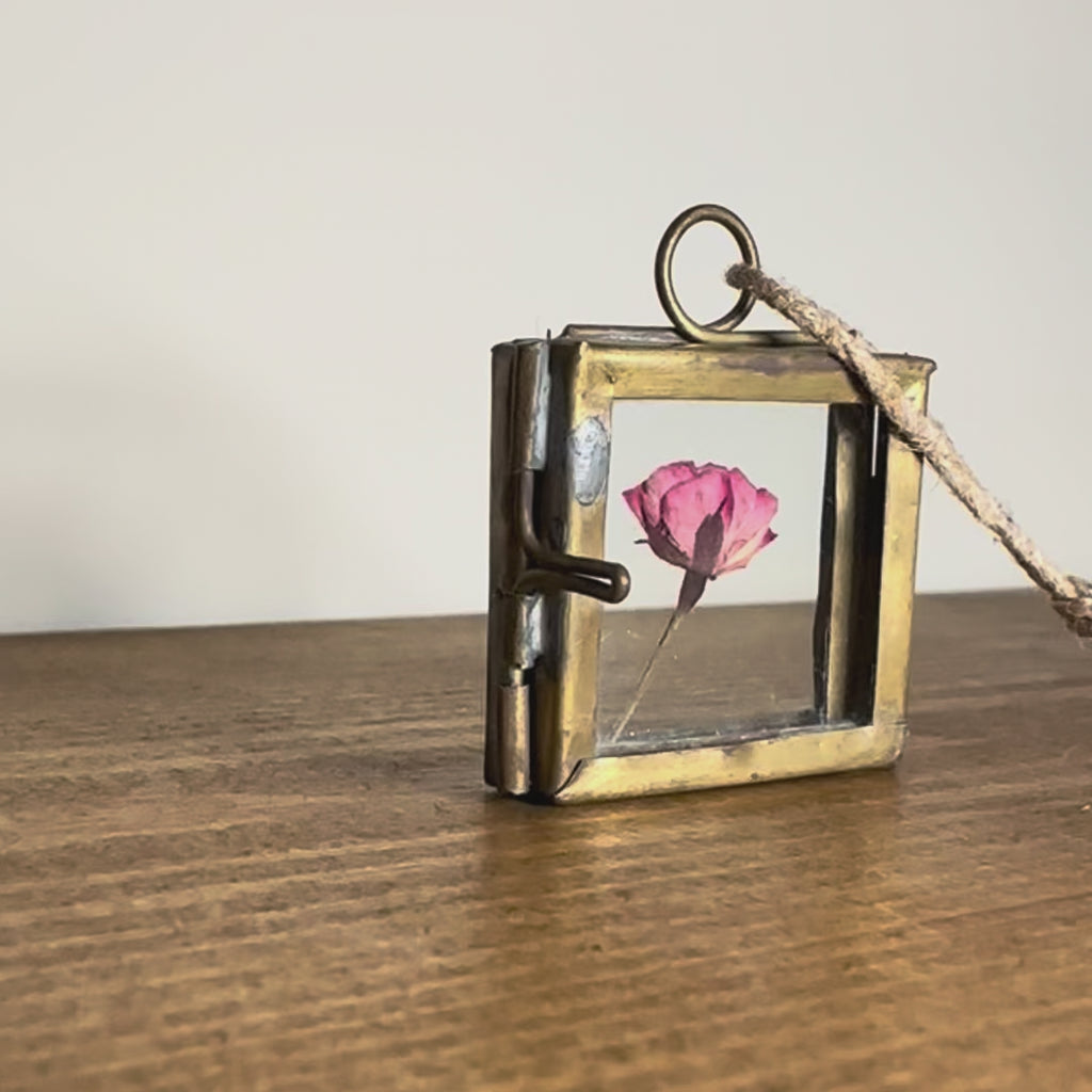 Dried Pink Rose in 3.5cm Brass Frame | Twisted Twine Loop | Pressed Flower Pendant | Miniature Botanical Keepsake