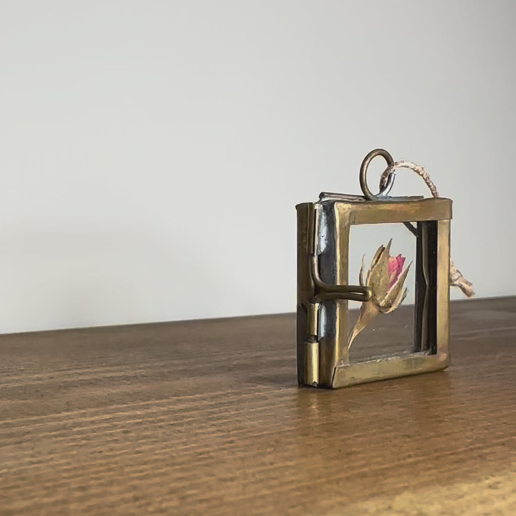 Dried Red Rose in 3.5cm Brass Frame | Twisted Twine Loop | Pressed Flower Pendant | Miniature Botanical Keepsake