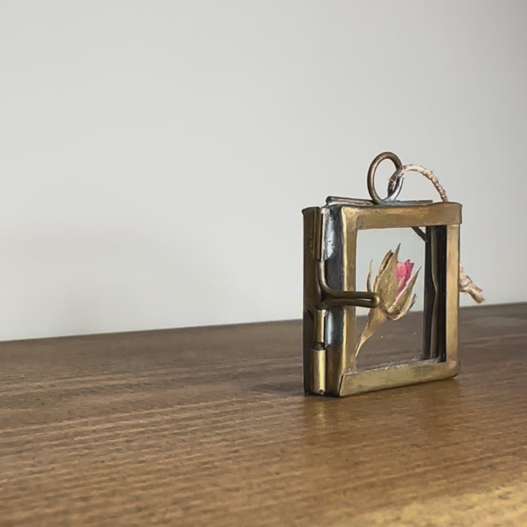 Dried Red Rose in 3.5cm Brass Frame | Twisted Twine Loop | Pressed Flower Pendant | Miniature Botanical Keepsake